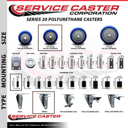 Service Caster 3.5'' SS Blue Poly Wheel Swivel 3/4'' Expanding Stem Caster SCC-SSEX20S3514-PPUB-BLUE-34